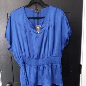 DG2 By Diane Gilman Top Dolman Sleeve Smocked Waist PeplumTop Royal Blue Sz XL